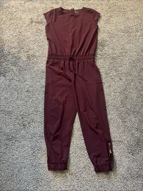 Albion Burgundy Short-Sleeve Jumpsuit with Drawstring Waist